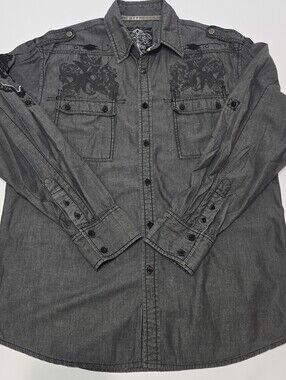 Roar Enough Excuses Men's Gray Embroidered Button Down Shirt Freedom Graphic L